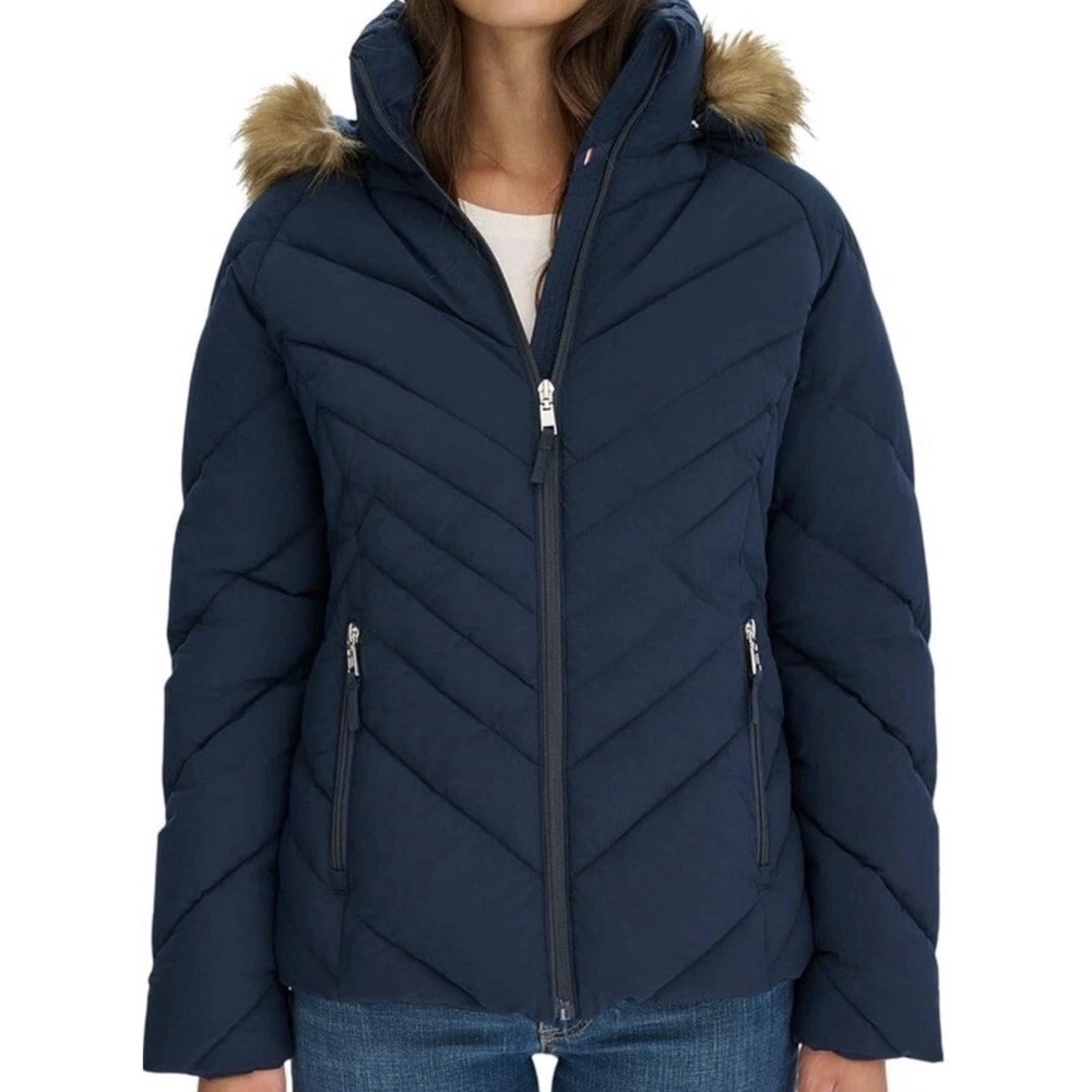 Tommy Hilfiger Puffer Jacket Women's Medium Navy Faux Fur Trim Winter Coat NWT
